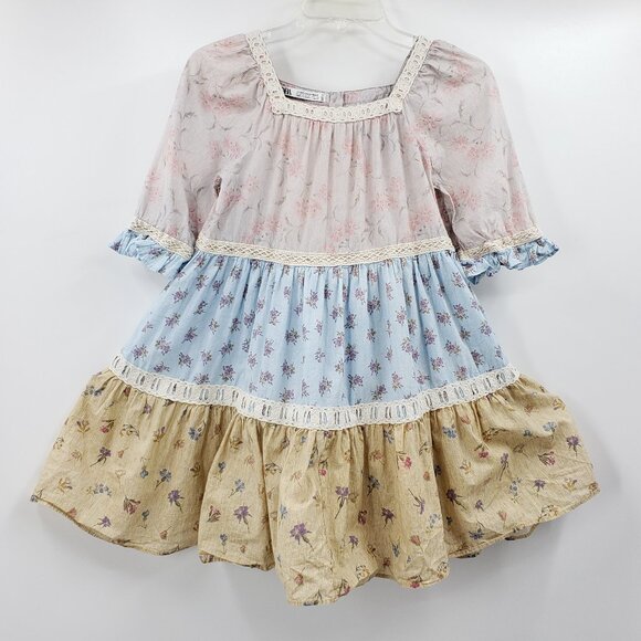 Zara Girl's Tea Dress Size 11 - 12 Years Pink Blue Tan Floral Tiered Lace Trim - Picture 8 of 8